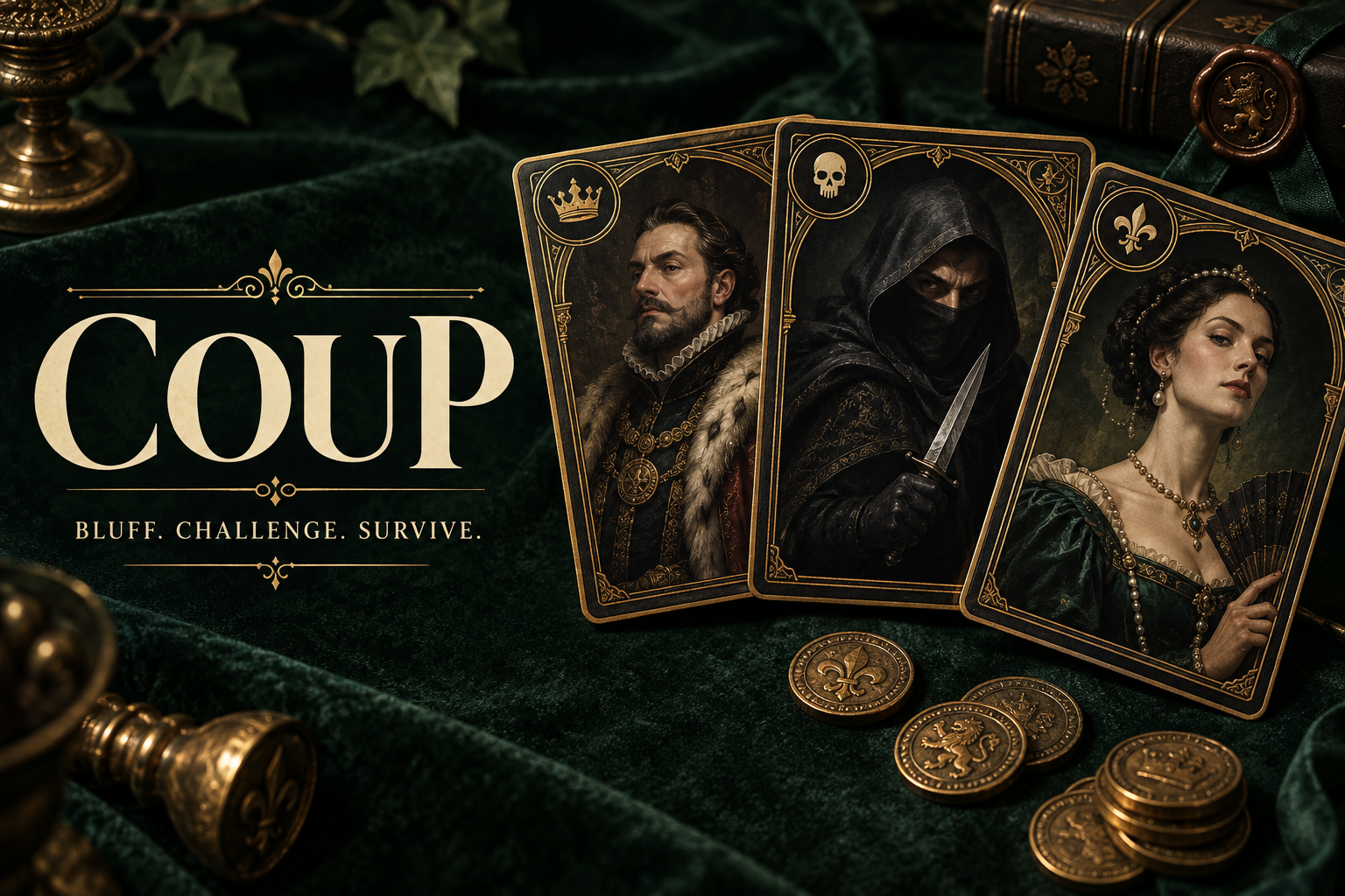 Original Duke, Assassin and Contessa cards on a green velvet table